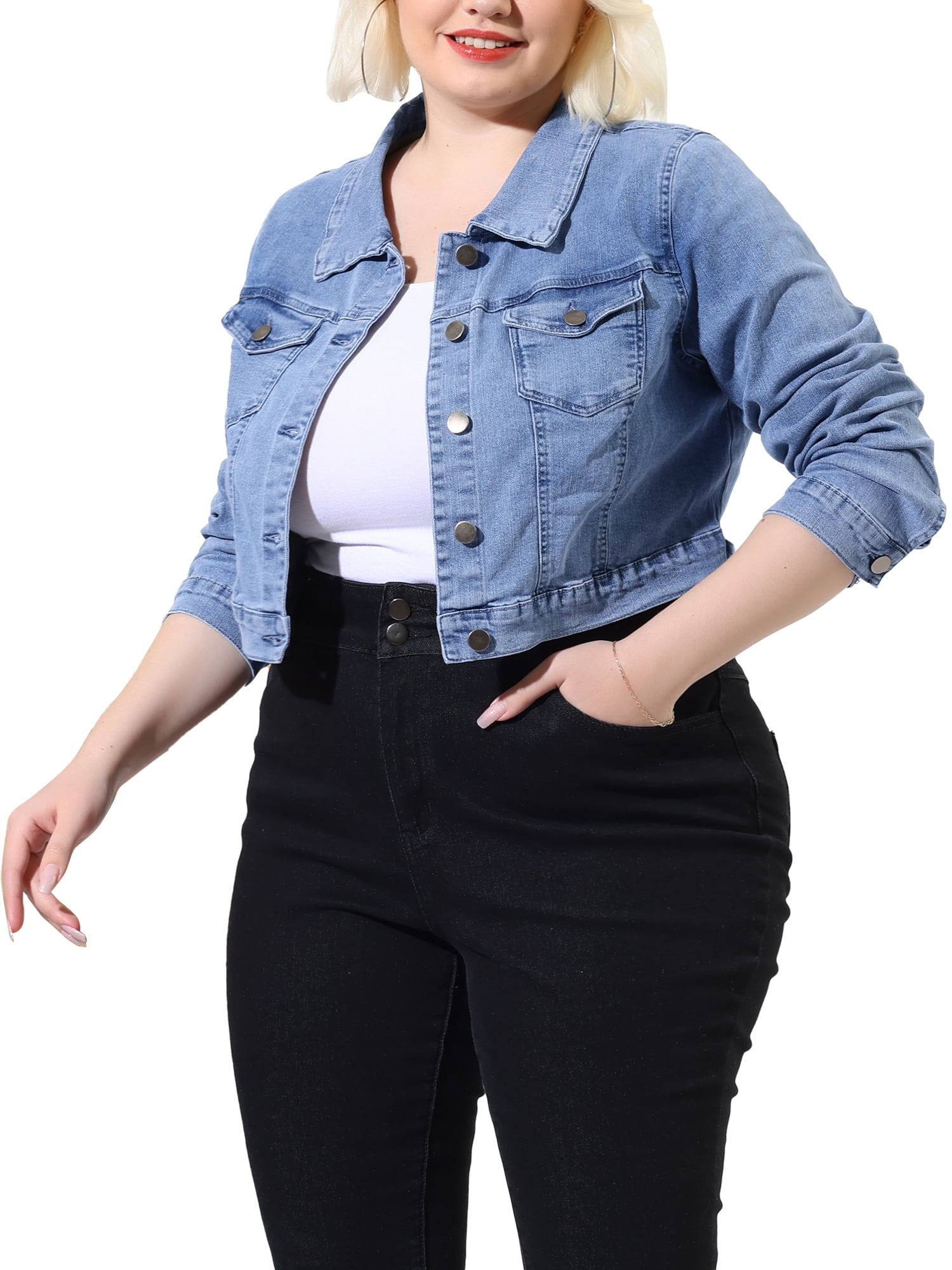 Unique Bargains Juniors' Plus Size Button Closed Cropped Denim Jacket