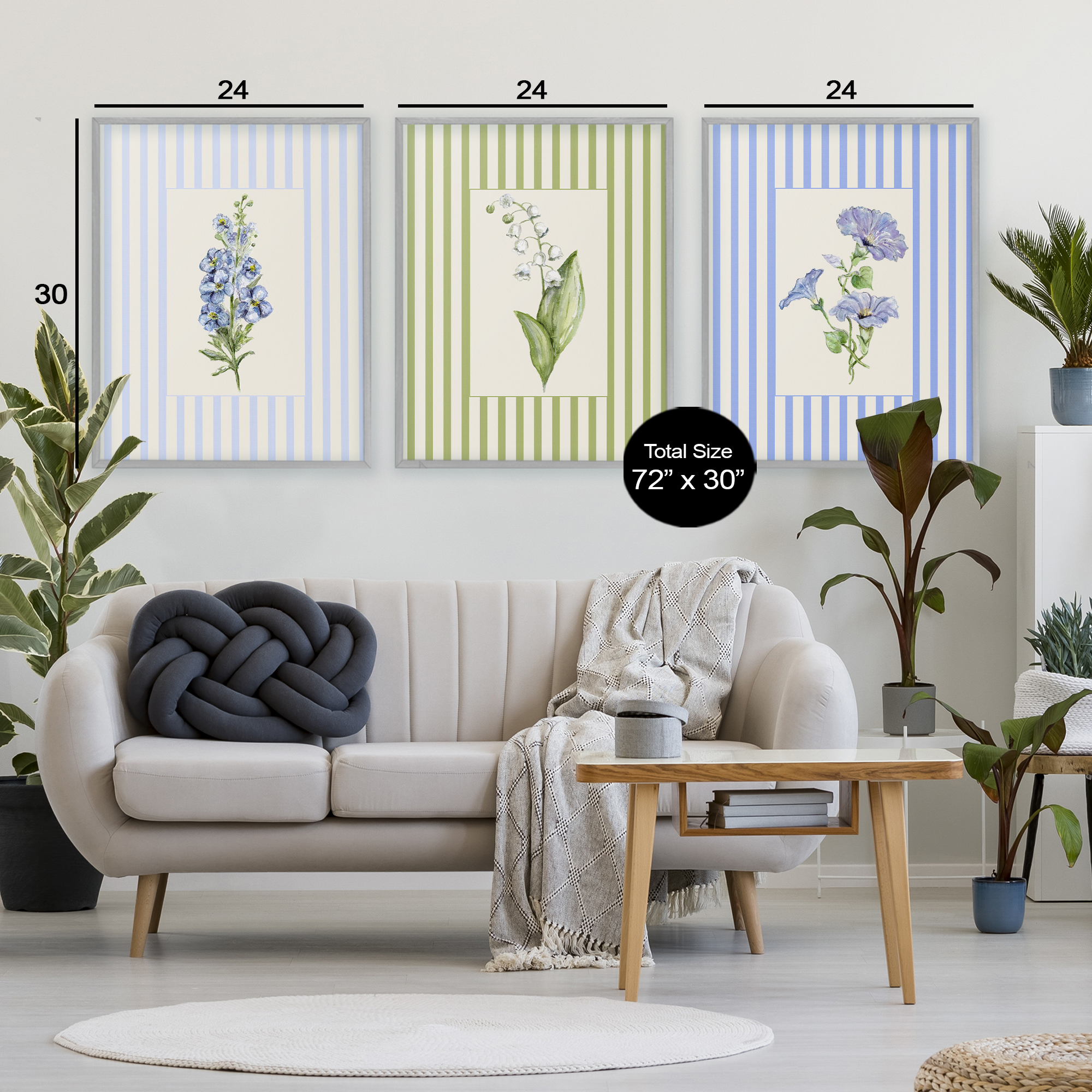 Soft Stripe Cottage Blooms 3 Piece Gray Framed Giclee Art Set, design by Lisa Wehmeyer