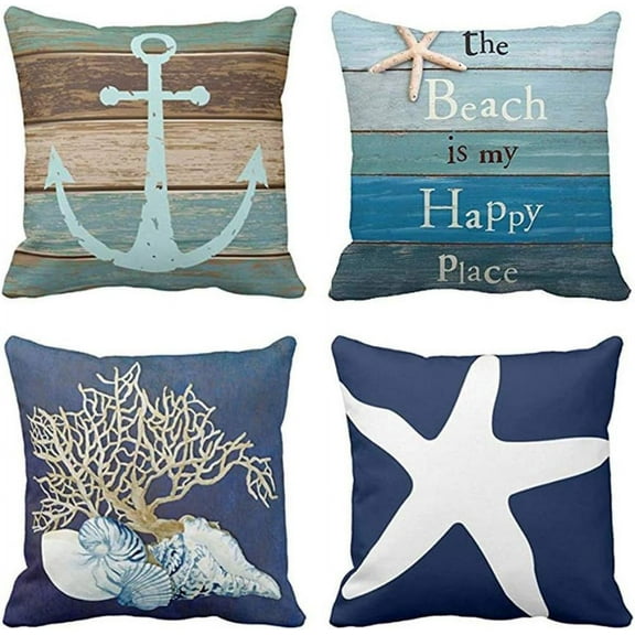 Set of 4 Throw Pillow Covers Nautical Coastal Beach and Blue Turquoise Anchor Weathered Wood Old Decorative Pillow Cases Home Decor Square 18x18 Inches Pillowcases