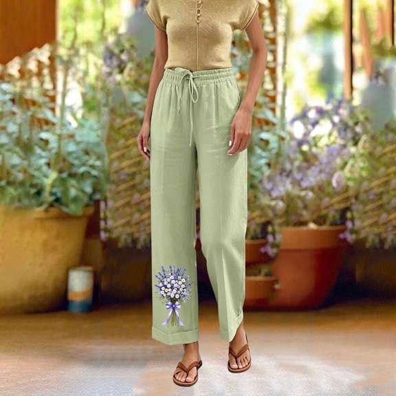 Cagogo Women's Floral Wide Leg High Waisted Trousers with Pockets Casual Vacation Ankle Pants Loose Elastic Waist Palazzo Summer Beach Travel Trousers, Green XL