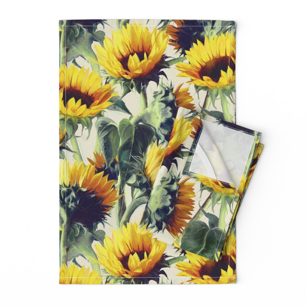 Summer Sunflower Garden Floral Linen Cotton Tea Towels by Roostery Set