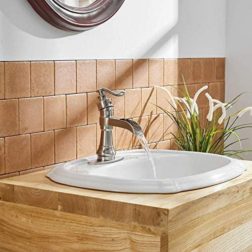 BWE Brushed Nickel Bathroom Faucet Waterfall Farmhouse Sink Mixer Tap Deck Mounted Single-Handle with Drain Assembly and Supply Hose Lead-Free Lavatory