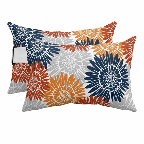 Outdoor Lumbar Pillows with Strap & Insert Bloom Sunflower Recliner Head Pillow Pack of 2 Orange Red Blooming Floral Waterproof Headrest Patio Lounge Chair Pillows for Beach Office 11x16 Inch