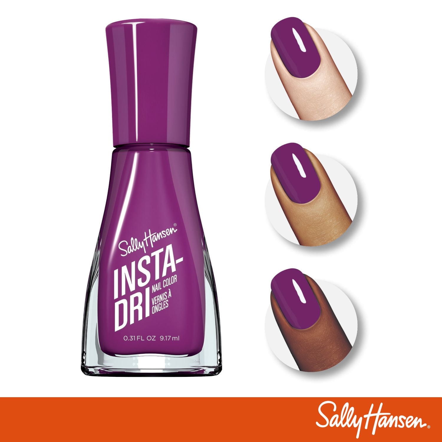 Vernis à ongles Sally Hansen Insta-Dri, formule 3-en-1 avec base et vernis de finition intégrés pour une tenue brillante et prolongée en une seule étape. Sèche en 60 secondes