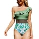 thumbnail image 1 of Traje de baño de mujer de una pieza con un hombro sin espalda, traje de baño elástico y transpirable para fiesta en la playa, verde, Floral, XL, 1 of 5