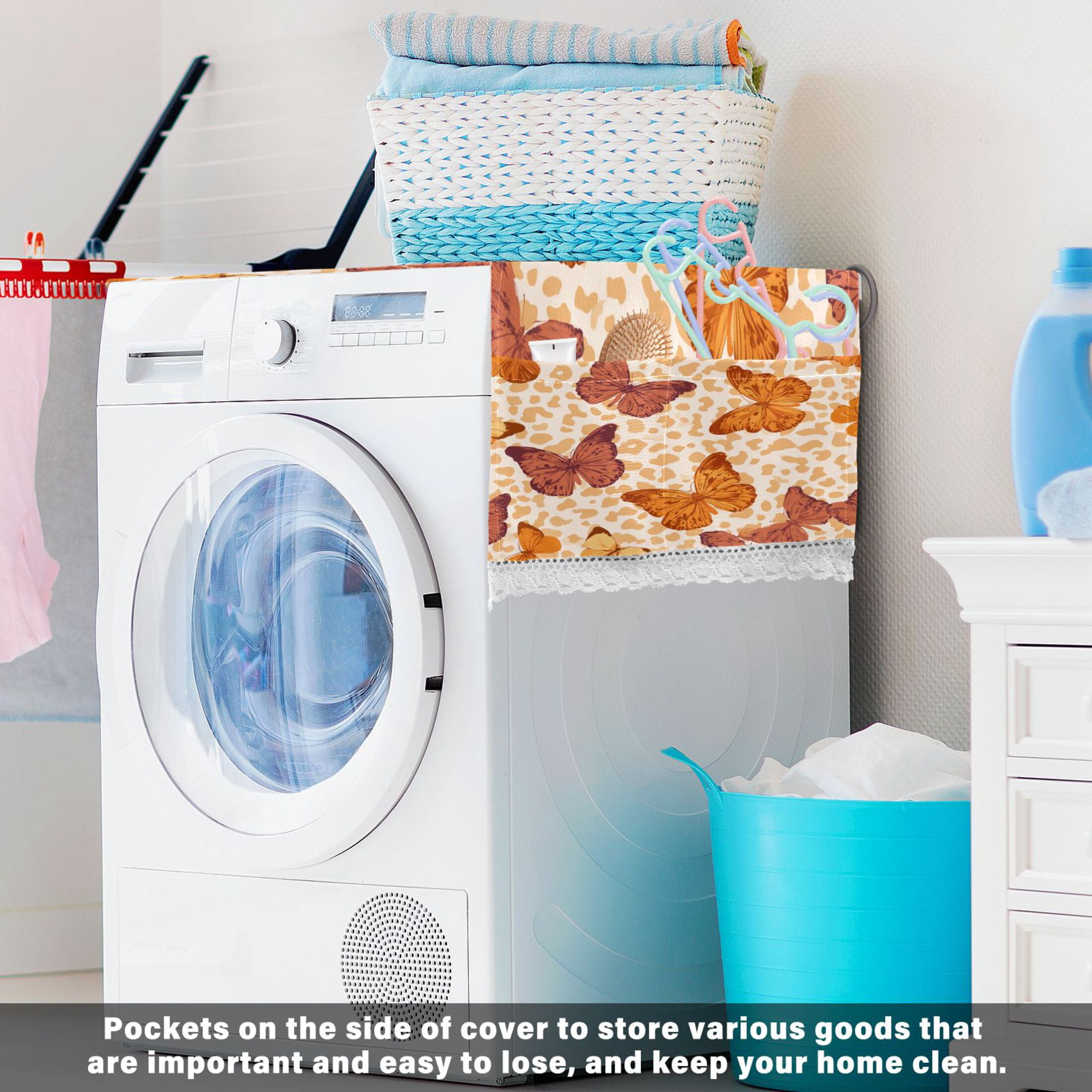 Washing Machine Cover 51.2x22in, Durable Polyester Dust Cover with Lace Trim and Side Pocket for Appliances Leopard Print Butterfly