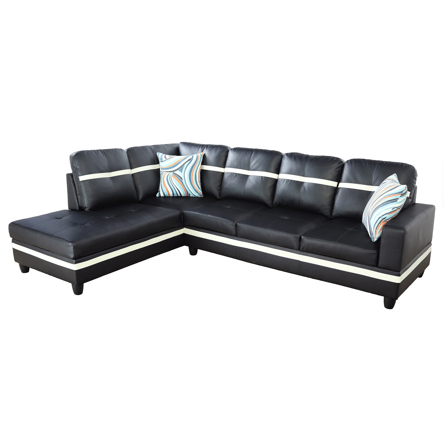 Hommoo 4-Seat Semi Semi PU Synthetic Leather Sectional Sofa Sets, L Shaped Sectional Couches and Sofas with Waistline, Modern Living Room Furniture Sets, Black and White(No Ottoman)