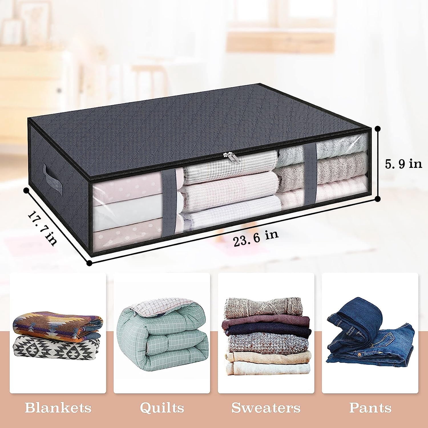 6 Pack Under Bed Storage Bags, Clothes Storage With Durable Handles,Large Capacity Storage Bins,Foldable Storage Organizers For Clothes,Bedding and Toys-Grey