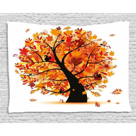 Fall Decor Tapestry Curvy Tree Full Of Various Leaves Falling