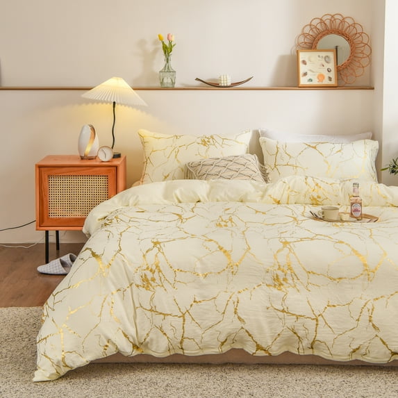 Move Over Beige Metallic Marble Duvet Cover Set Soft Microfiber Trendy Gold Metallic Marble Bedding Sets King No Filling