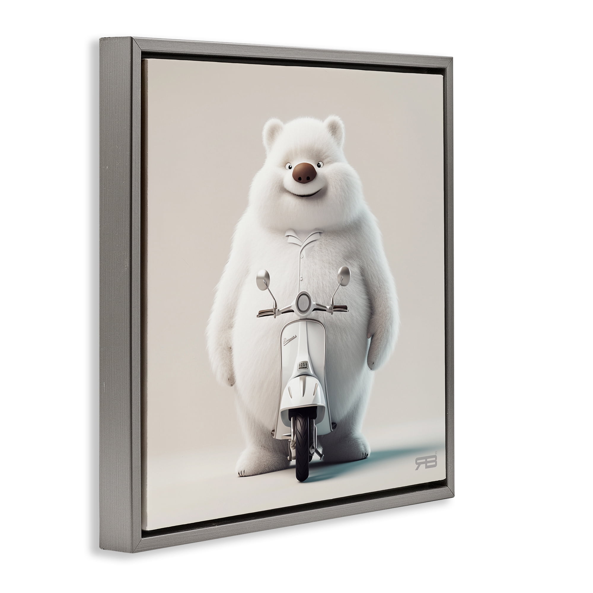 Stupell Industries Funny Bear with Scooter Animals Painting Gray Floater Framed Canvas Art Print Wall Art, 18 x 18