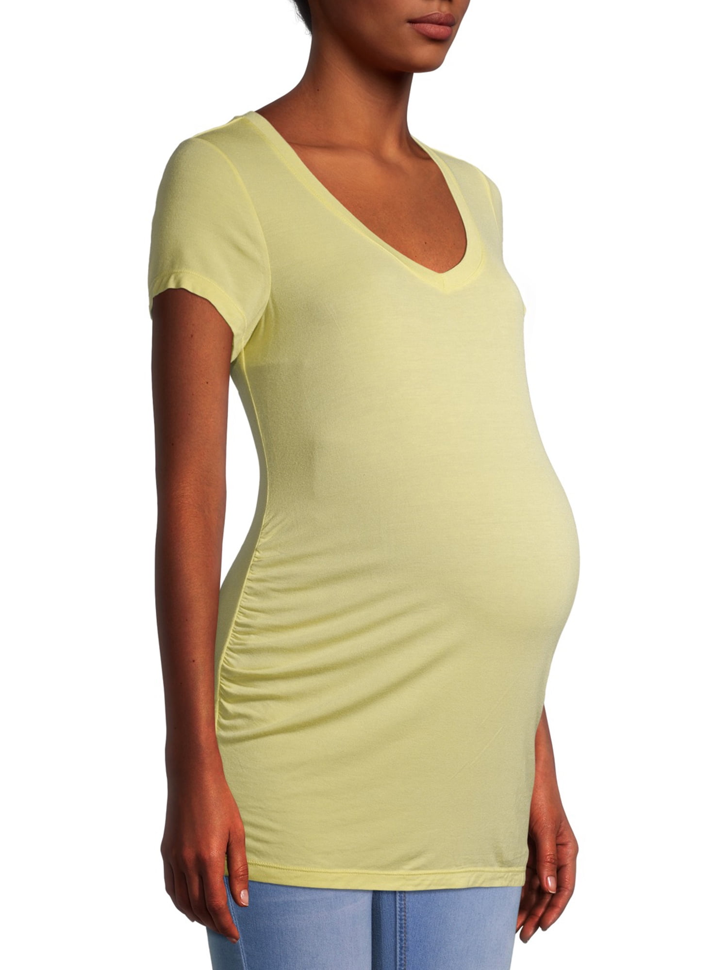 Yellow Solid Maternity Short Sleeve Pregnancy Babyshower Blouse V-neck 