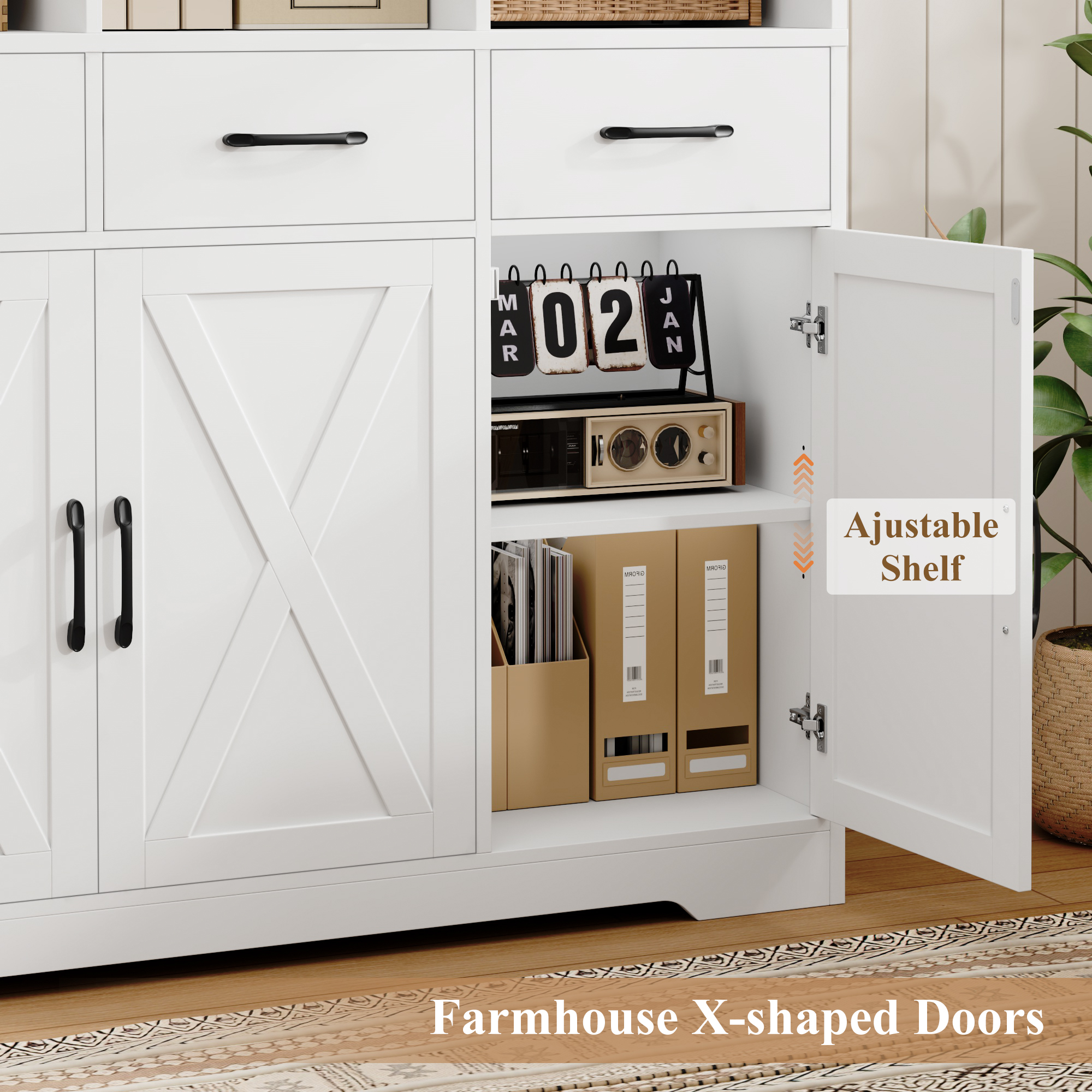 Hiphuta 71" Tall Bookcase with 3 Drawers and Doors, 43" Wide Farmhouse Bookcase with 8 Open Compartments for Office Living Room, White