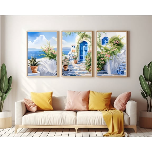 UNFFRAMED Santorini Greece Blue Door Poster Set Of 3, Coastal Wall Art, Greek Island Decor, Mediterranean Artwork, Aegean Travel Poster Set 3 Prints 8x12