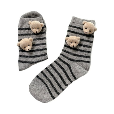 

YUUZONE Women Girl Cotton Crew Socks Cute 3D Stuffed Bear for Head for Doll Striped Print Casual Student Harajuku Kawaii Anklet