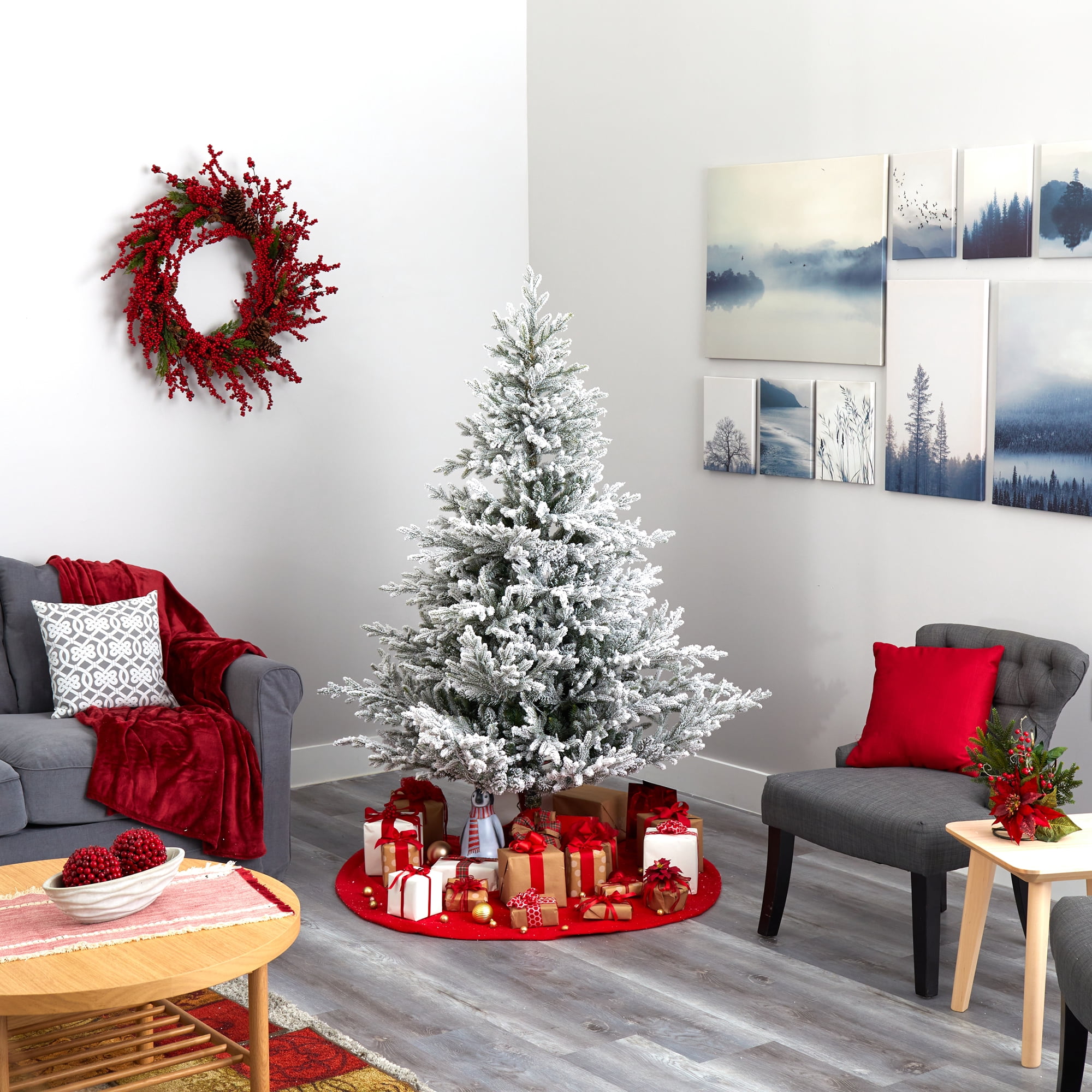 Nearly Natural 6' Green Fraser Fir Flocked Artificial Christmas Tree Prelit 500 Warm White Lights