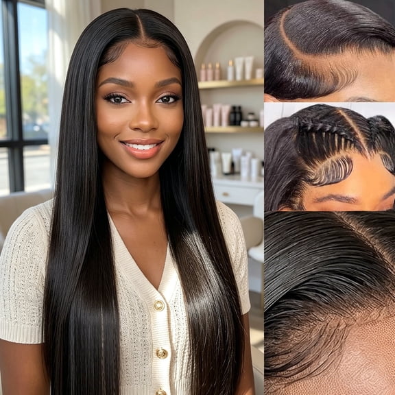 26 Inch 200% Density Glueless Straight Human Hair Lace Front Wig, Pre-Cut HD Transparent Lace Pre-Plucked Ready To Wear Wig
