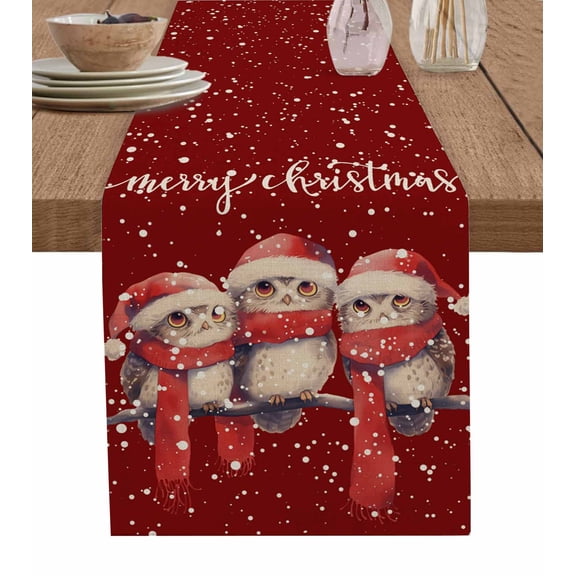 Red Owl Christmas Burlap-Cotton Table Runner 72 Inches Long,Xmas Snowflake Farmhouse Farmhouse Table Runners,Outdoor Dining Tablecloths Decor for Baby Shower/Party/Wedding 18x72