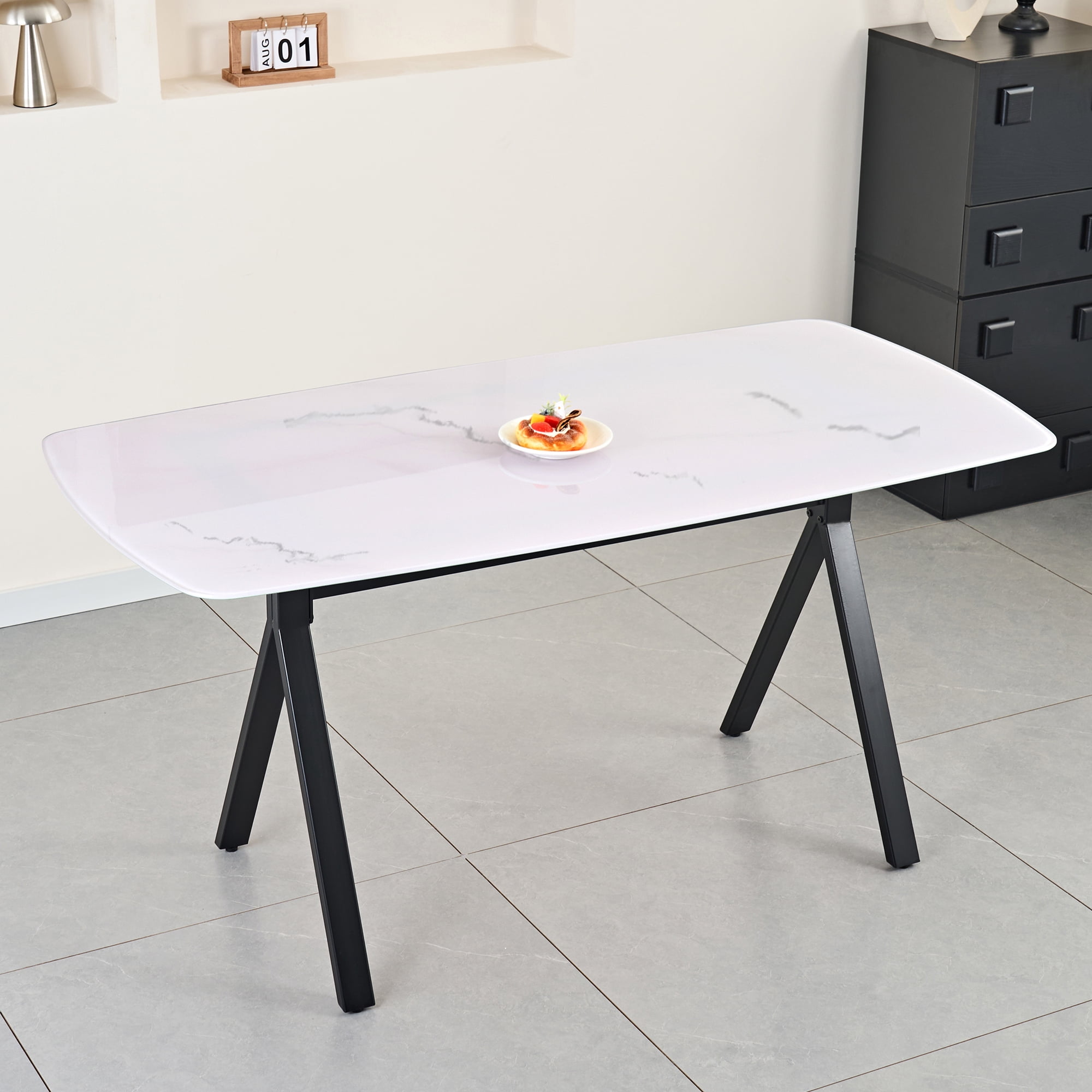 Mintazer 51" Modern Rectangular Dining Table with Marble Tempered Glass Top & Black Metal Legs, Kitchen Table for 4-6 People, Black & White