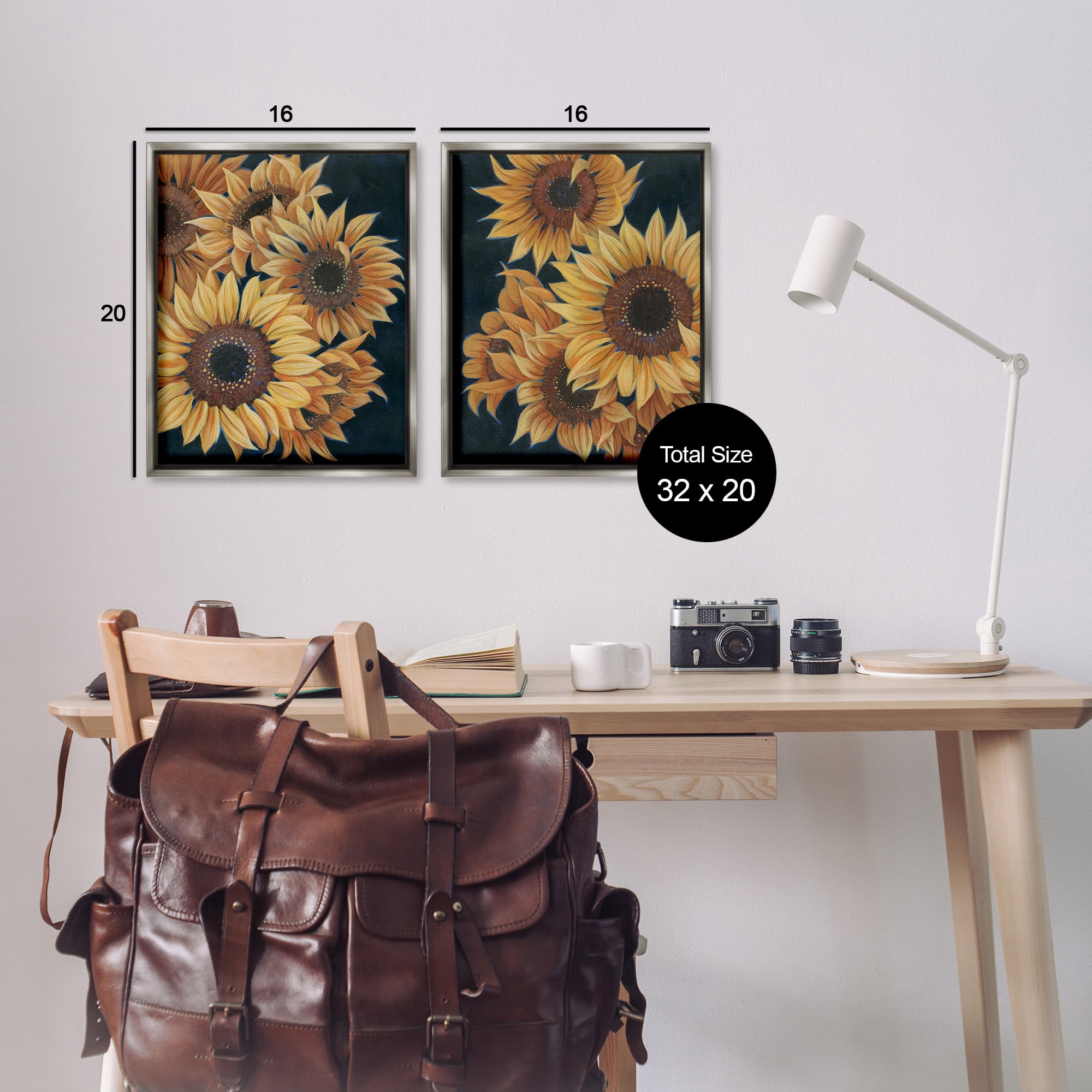 Stupell Industries Sunflowers on Black Botanical & Floral Painting Gray Floater Framed Canvas Art Print Wall Art, 17 x 21, Set of 2