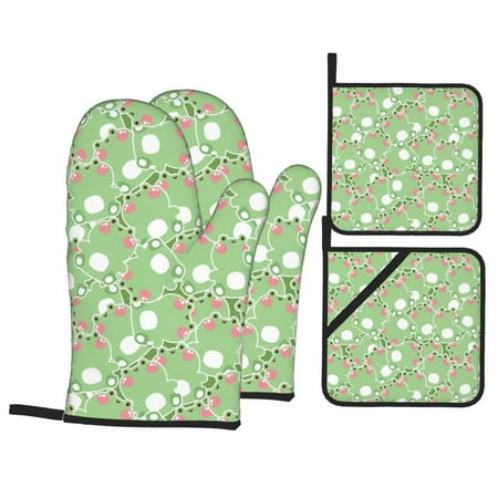 

Oven Mitts and Pot Holders Sets 4 pcs - cute frog green funny Heat Resistant Silicone Oven Gloves with Non-Slip Silicone Surface and hot pads for kitchen Baking Cooking BBQ