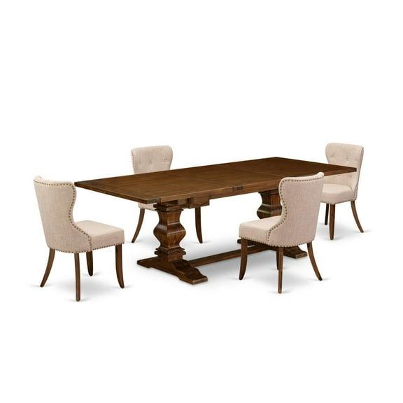 East West Furniture East-West Furniture LASI5-88-04 - A dining table set of 4 fantastic indoor dining chairs with Linen Fabric Linen Tan color and a gorgeous rectangular pedestal kitchen table...