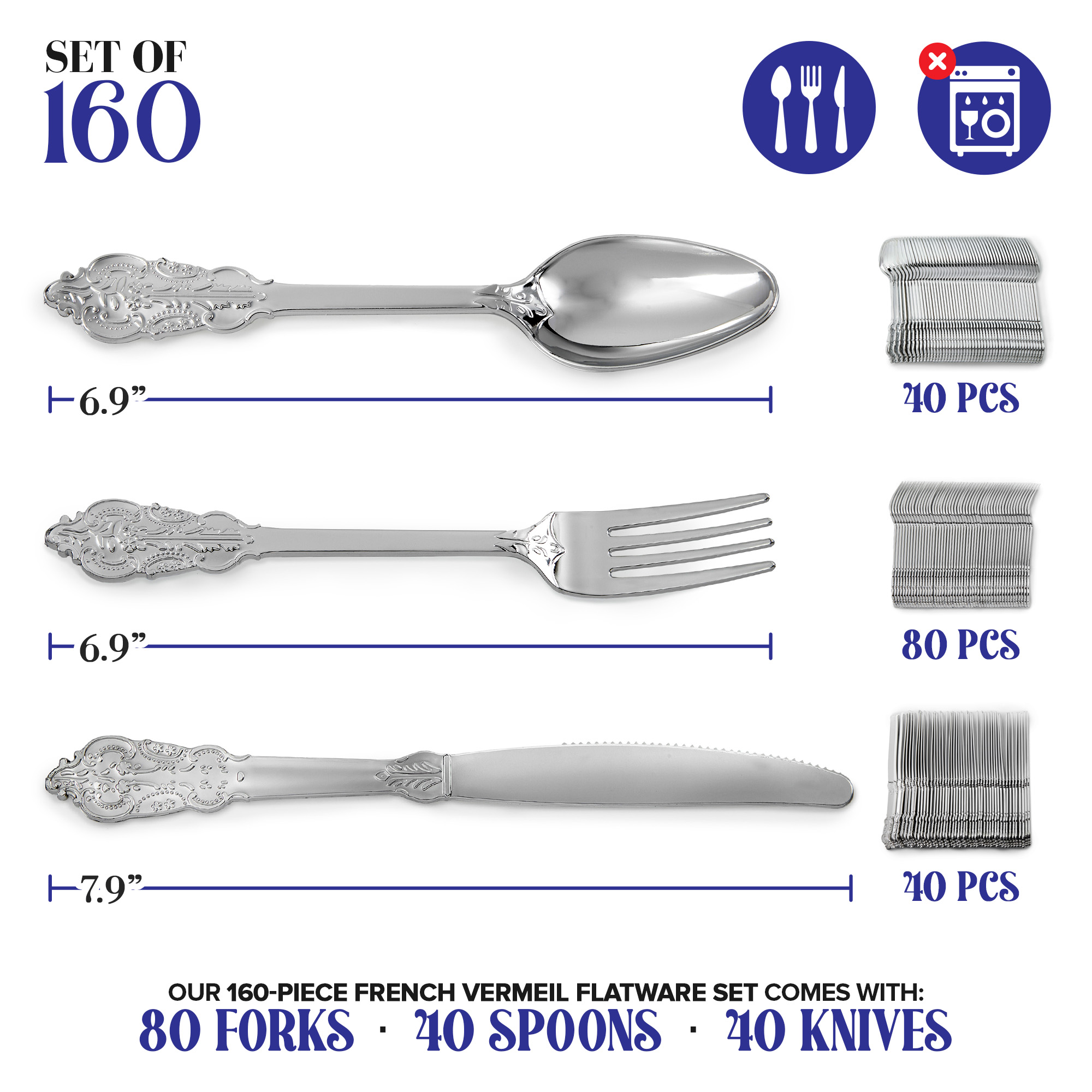 160 Pcs Silver Plastic Silverware Set- 80 Silver Forks, 40 Silver Spoons, 40 Silver Knives, Heavy Duty Disposable Utensils Heavyweight Cutlery, Elegant Flatware, Dinner Party, Wedding, Holiday Parties