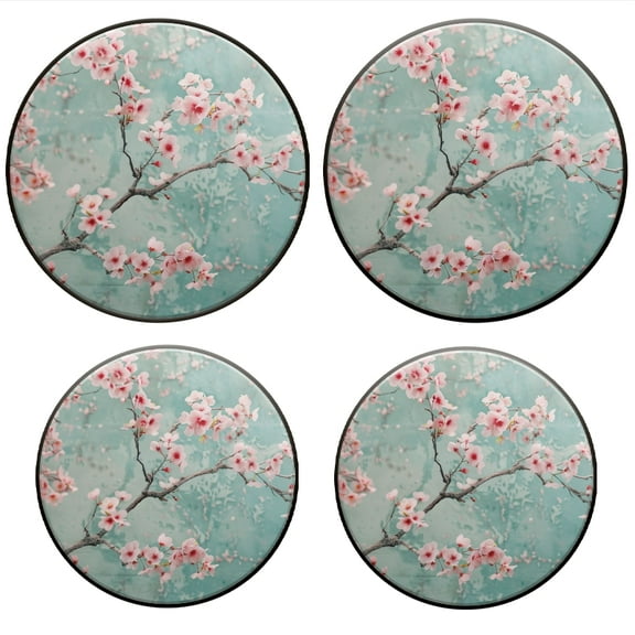 BaHomeck Electric Stove Burner Covers Set of 4,Round Metal Gas Stove Burner Covers 8 Inch and 10 Inch,Kitchen Decor,Delicate Pink Cherry Blossoms Adorn Aqua-Colored Wall
