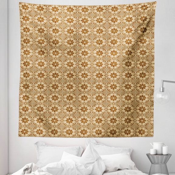 Retro Tapestry, Prehistoric Oriental Composition of Triangles Dots Flower Leaves Repeating Pattern, Fabric Wall Hanging Decor for Bedroom Living Room Dorm, 5 Sizes, Caramel Tan, by Ambesonne