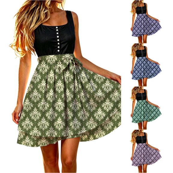 XIAOCHA Womens Relaxed Fit Mini Damask Patterned Dresses Oktoberfest Daily Festival Skirts,Army Green,Sizes L