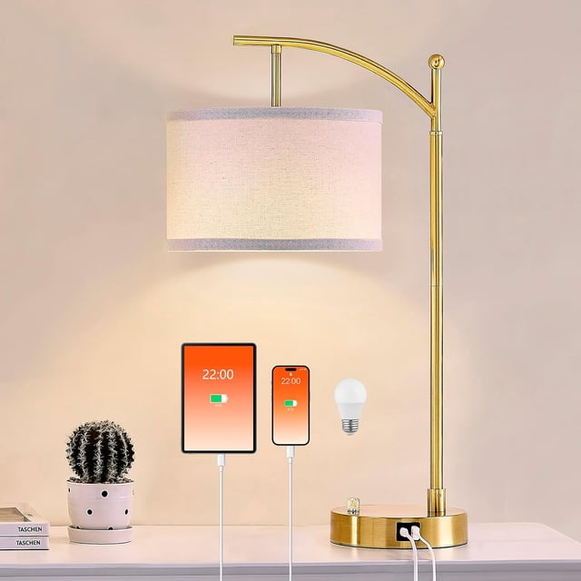 Lámpara de mesa para sala de estar, dormitorio, juego de 2 lámparas de mesa de 23.5 pulgadas con puertos USB C+A, lámparas de noche para mesita de noche con pantallas de lámpara de lino