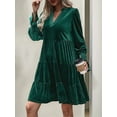 thumbnail image 3 of Women'S Elegant Velvet Long Sleeve Dress Casual Fall V Neck A Line Babydoll Flowy Formal Wedding Party Mini Dress Dark Green L, 3 of 8