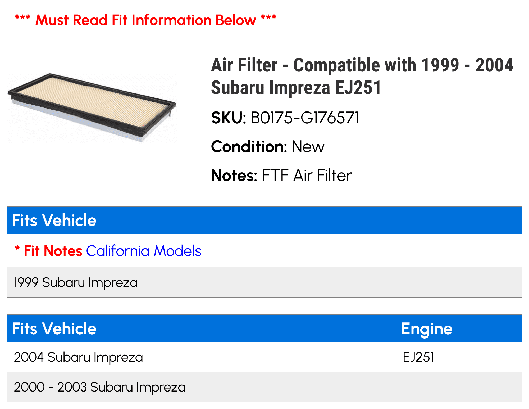 Air Filter - Compatible with 1999 - 2004 Subaru Impreza EJ251 2000 2001 2002 2003