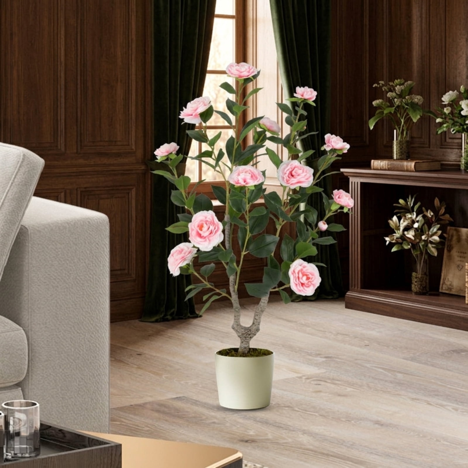 Vebreda Artificial Plant Decor, 36 Inch Artificial Camellia Tree with Blooming Flower 1 Pack, Vivid and Natural Appearance, Reliable Materials
