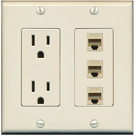 RiteAV (2 Gang Decorative 15A Power Outlet 3 Cat6 Wall Plate Light Almond