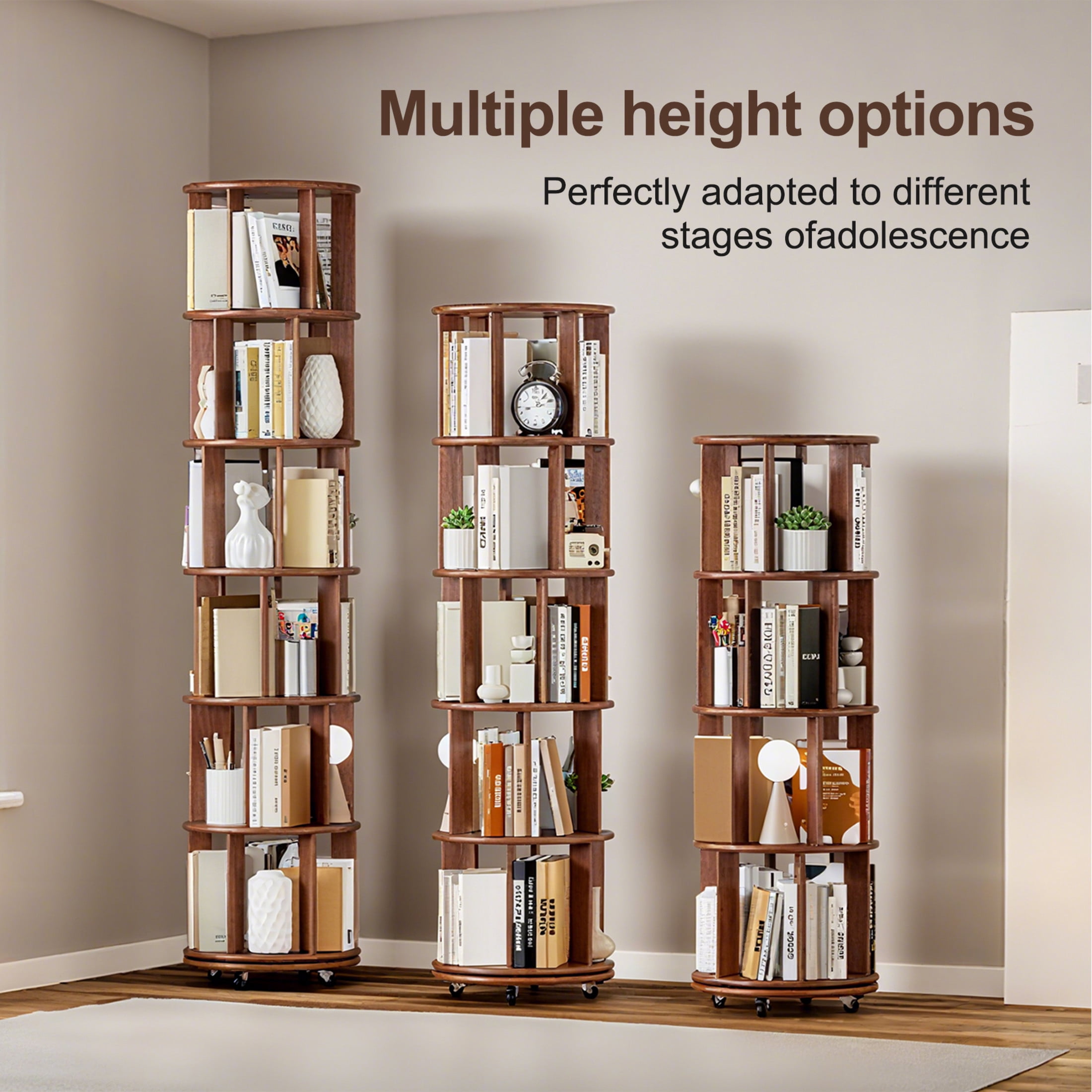 Noble House Saxon 66" 5-Tier Rotating Bookshelf Tower, Solid Rubberwood, 360° Bookcase on Locking Wheels, Walnut