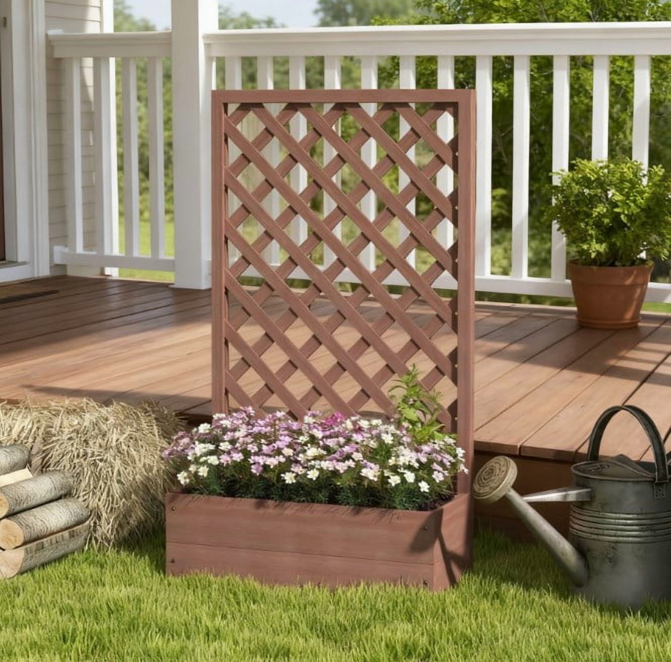Wooden Garden Bed, Raised Garden Bed Planting Planter Box with Trellis and Drain Holes for Climbing Vine Plants