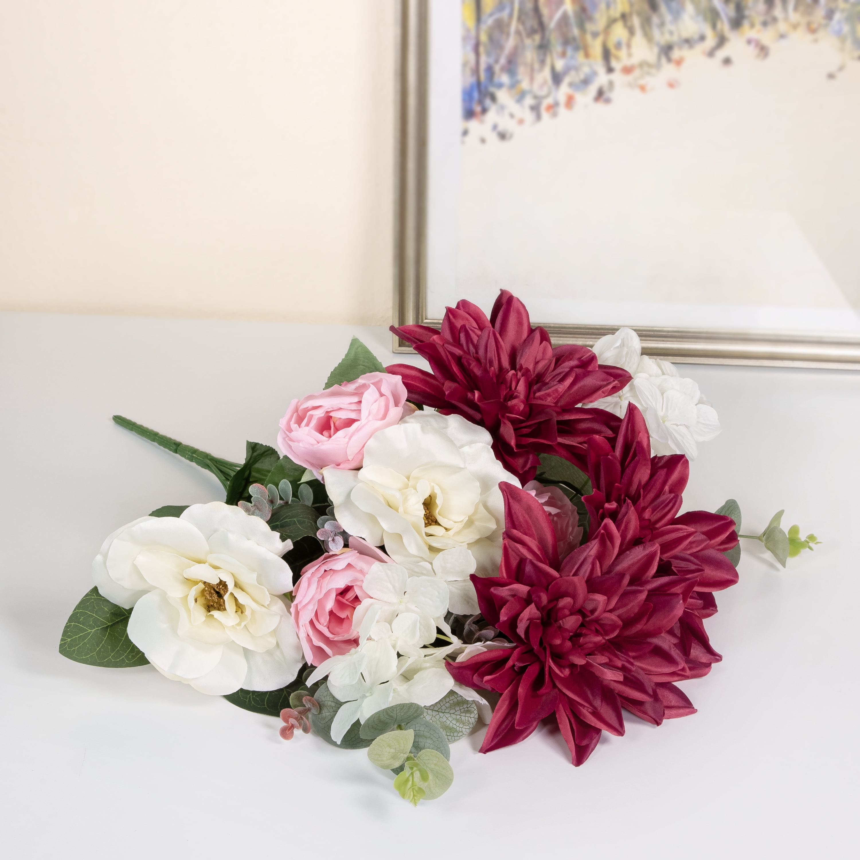 19-inch Artificial Silk Burgundy Dahlia & White Tea Rose Mixed Flower Bouquet, for Indoor Use, by Mainstays
