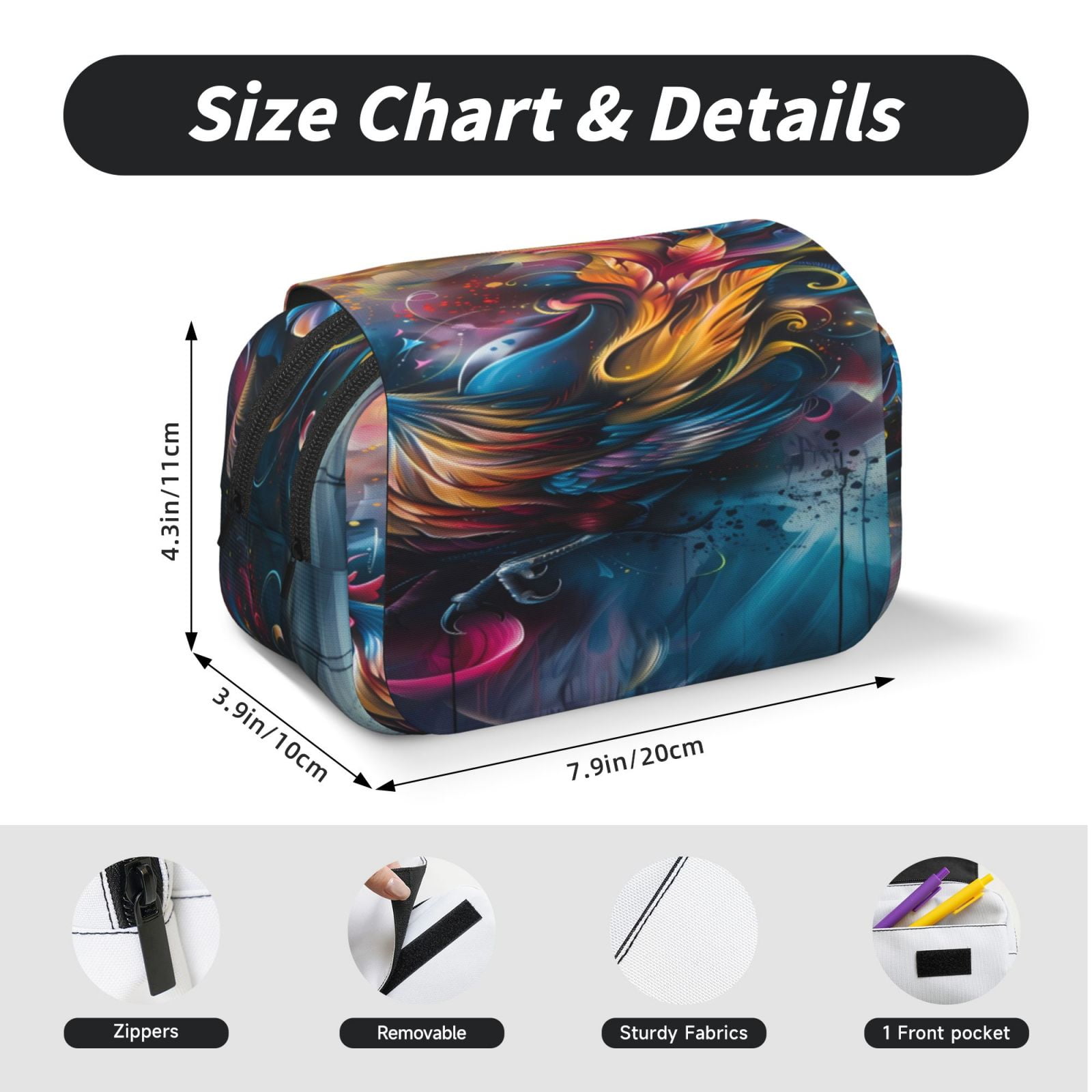 Rateoe Vibrant Rooster Painting Pattern Double Clamshell Pen Case, Storage Organizer with Two Zipper Compartments– Holds Up to 50 Pencils & Pens