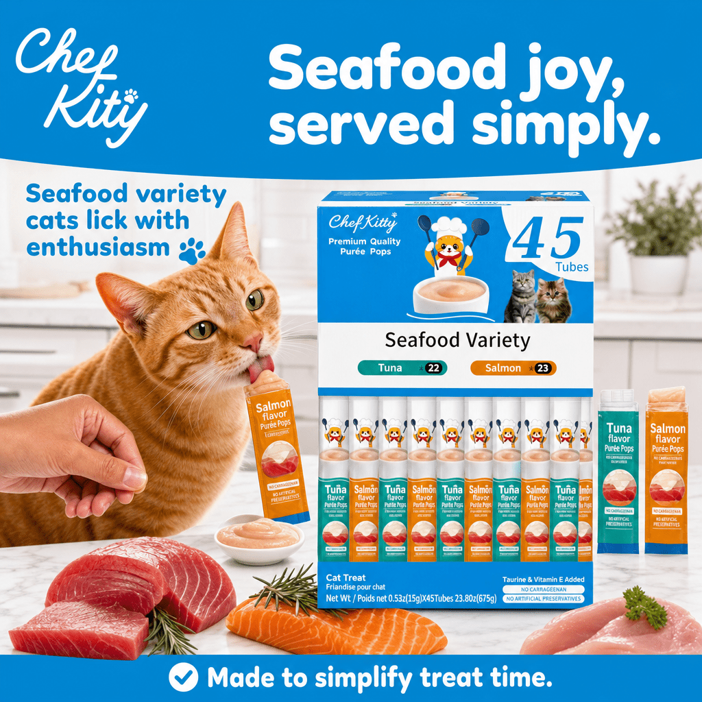 Chef Kitty Puree Pops Seafood Mix Creamy Purée for Cats, 45 Pieces Box