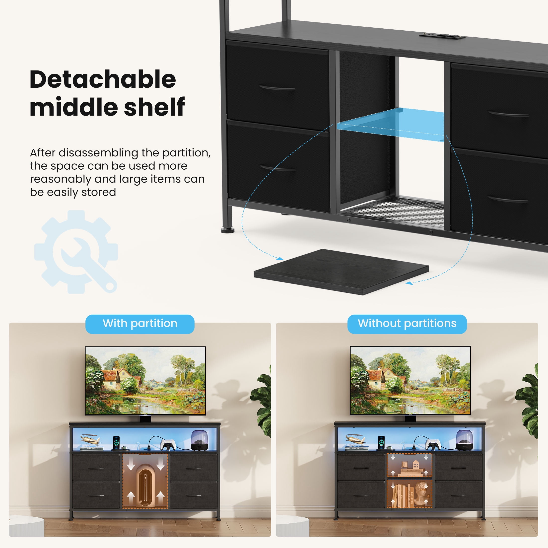 MCQ 43" TV Stand with 4 Fabric Drawers, Built-in Outlet - Perfect for Living Room and Bedroom, Black