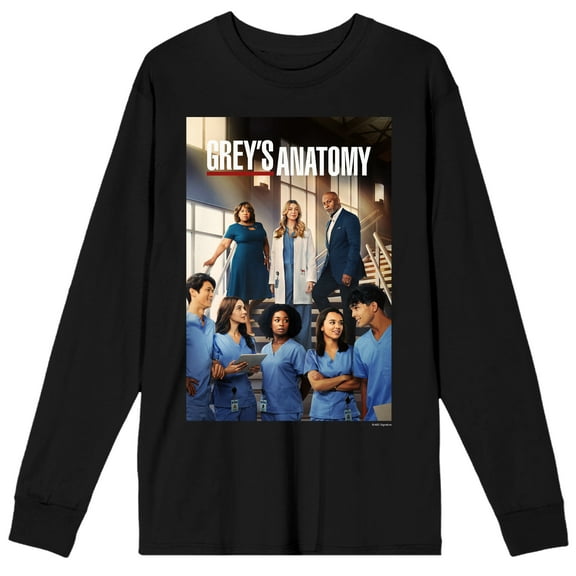 Greys Anatomy Begin Again Cast Poster Crew Neck Long Sleeve Black Adult Tee-Medium