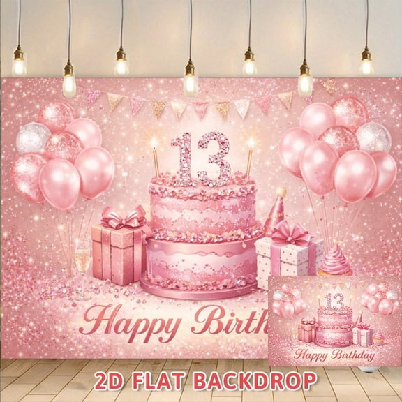 13th Pink Birthday Backdrop, Sparkly Birthday Party Decorations Background Wall, Photo Booth Props for Birthday Celebration Scene Arrangement