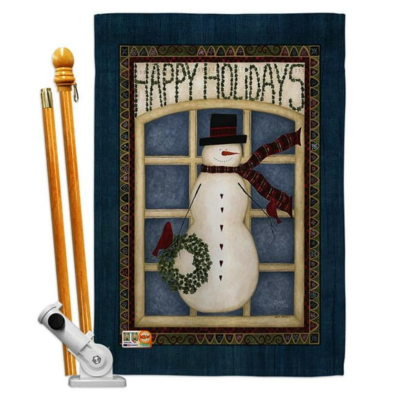 Breeze Decor BD-WT-HS-114164-IP-BO-D-US18-SB 28 x 40 in. Happy Holidays Snowman Winter Wonderland Impressions Decorative Vertical Double Sided House Flag Set with Pole Bracket Hardware
