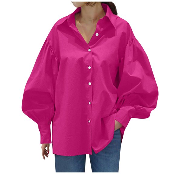 CIENVNSTG Women's 2026 Spring Fall Trendy Casual Lapel Button Down Blouse Lantern Puff Long Sleeve V Neck Loose Solid Plus Size Oversized Top Airy Relaxed Office Work Weekend Outfit Hot Pink XL