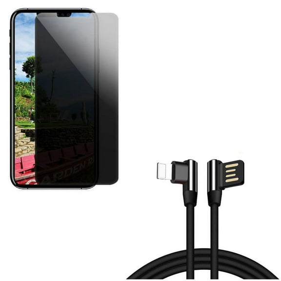 Angle USB Cable w Privacy Screen Protector for iPhone XR - 10ft Charger Cord Power Wire, Tempered Glass Curved Anti-Spy Anti-Peep