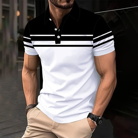 Men's Short Sleeve T Shirt, Button Down Lapel Collar Casual T Shirt, Soft Breathable Slim Fit Summer Top for Vacation, Travel, Work and Daily Wear Black L