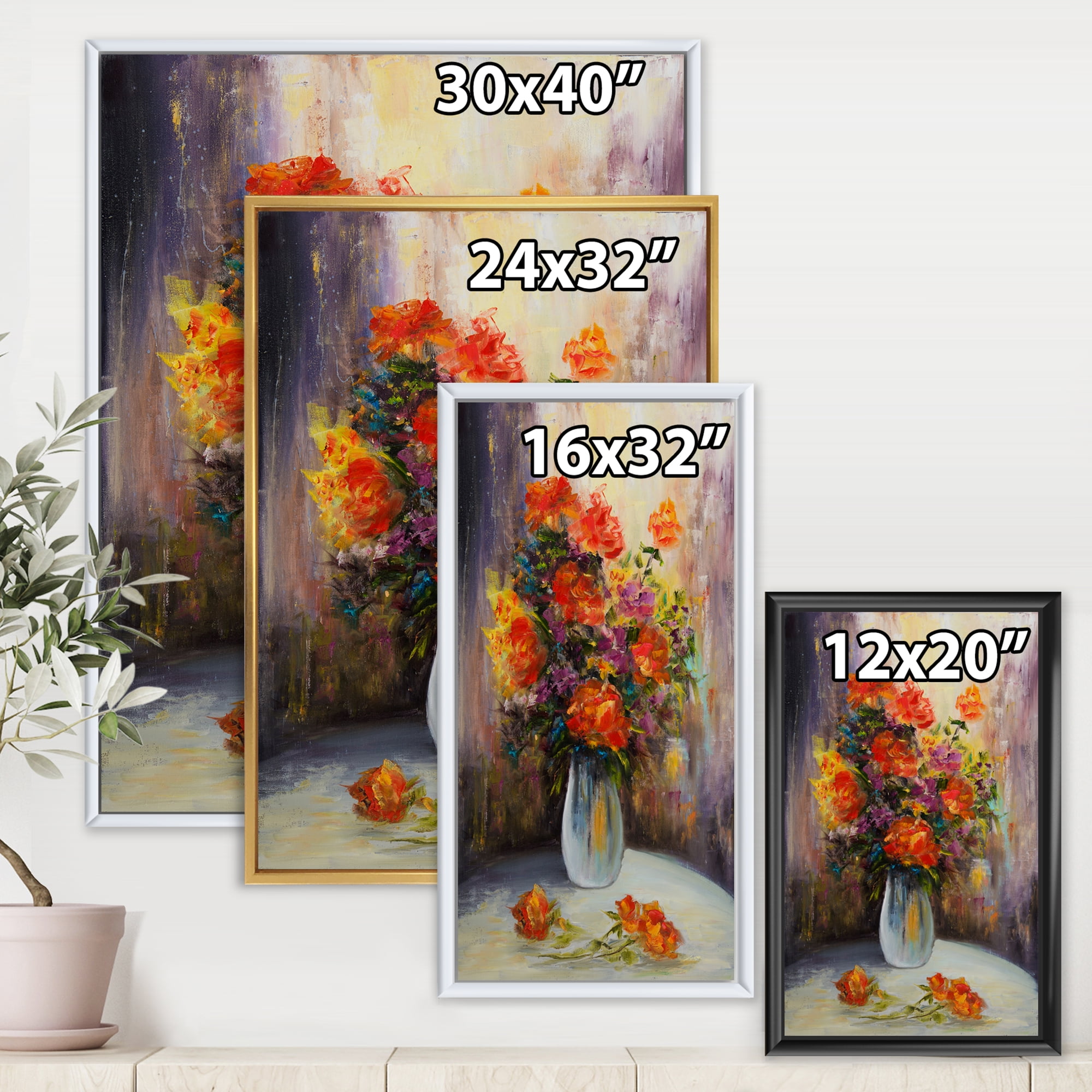 Still Life Bouquet With Yellow and Red Flowers 12 in x 20 in Framed Painting Canvas Art Print, by Designart