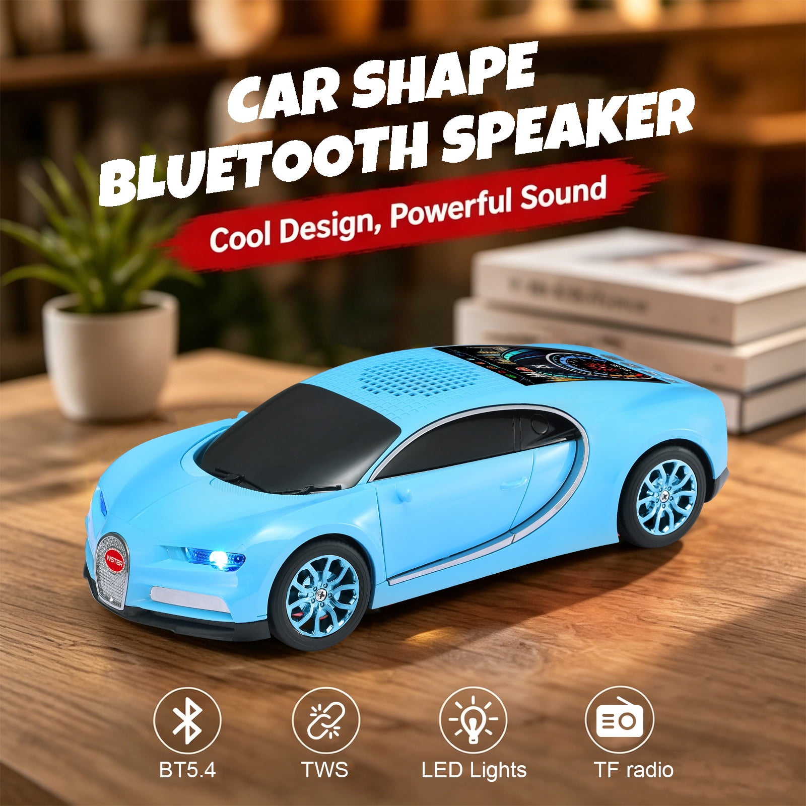WSTER WS-660 portable Bluetooth speaker is a cool, car-shaped wireless speaker with LED lights, an FM radio, and TF card support.Suitable for desktop decorations/computer use/outdoor use/party use