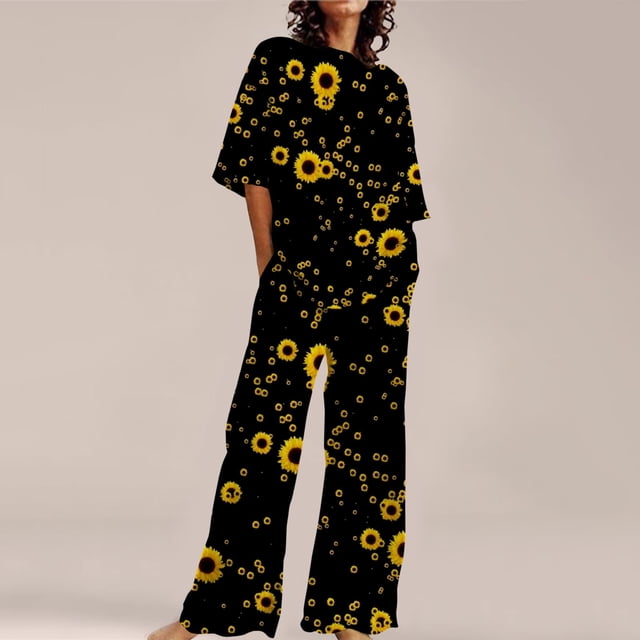 Ensembles de Pyjama pour Femmes, Convenant à l'Été, Col Rond, Ample, Manches Courtes, Haut Chemise à Imprimé Floral avec Pantalon, Grande Taille, Ensemble 2, TTTTG